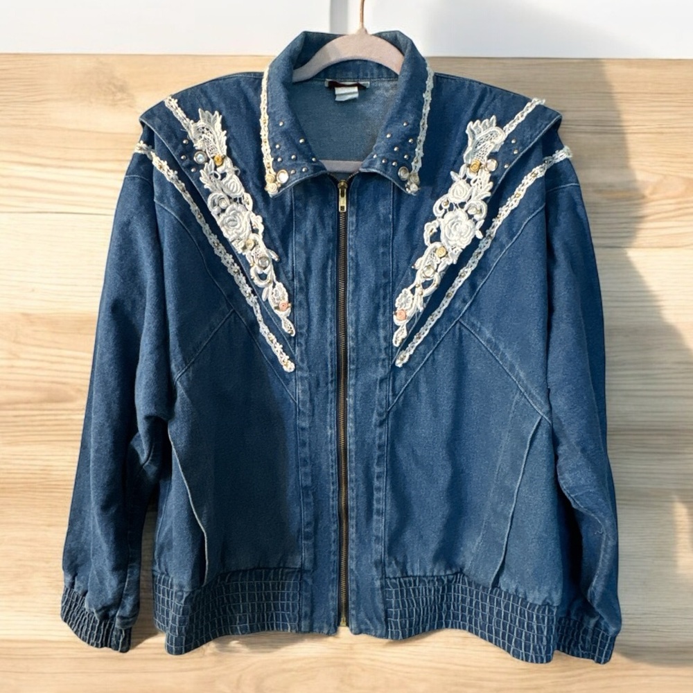 Vintage 1980’s Blue Denim Jean Jacket with Lace Trim and Bomber Style